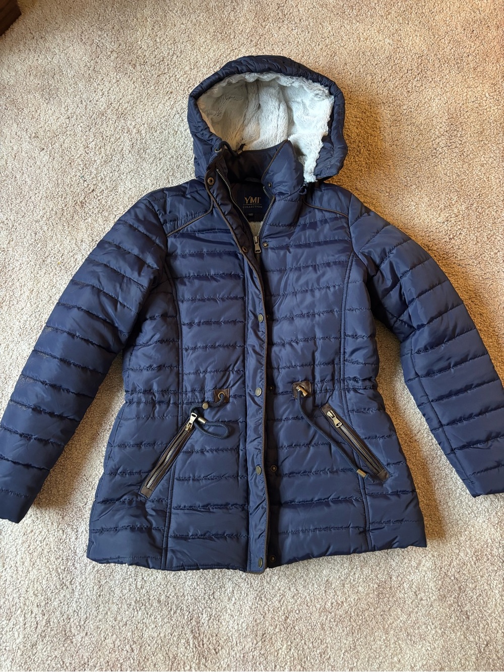 YMI Blue Quilted Hooded Puffer Jacket with Faux Fur Trim